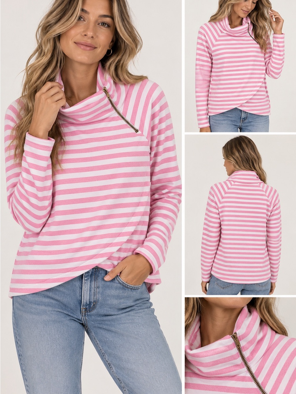 Duffield Lane Pink and White Striped Cowl Zip Pullover